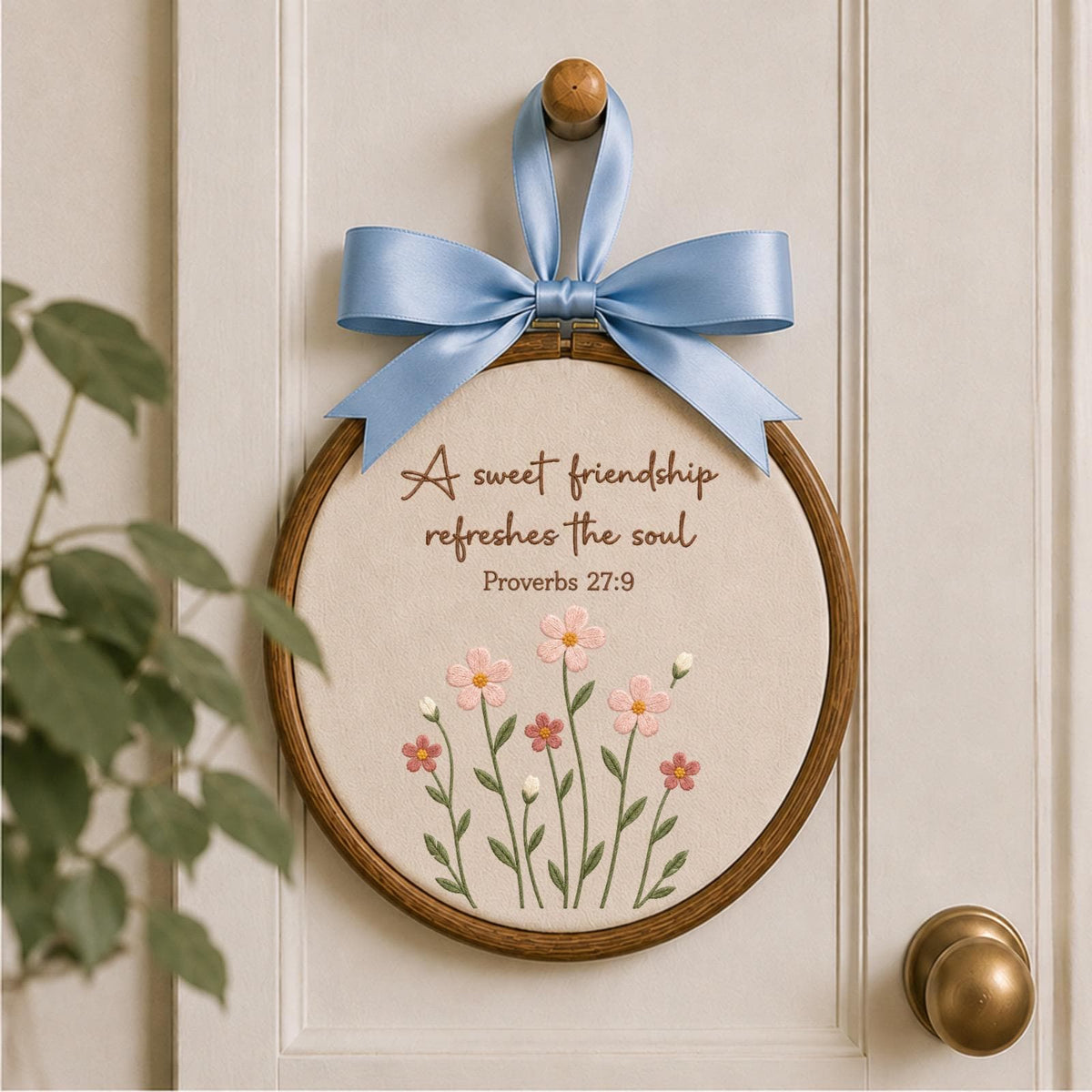 Personalized Friendship Embroidered Ornament, Proverbs 27:9 Bible Verse Gift, Christian Friend Keepsake, Wildflower Faith Decor