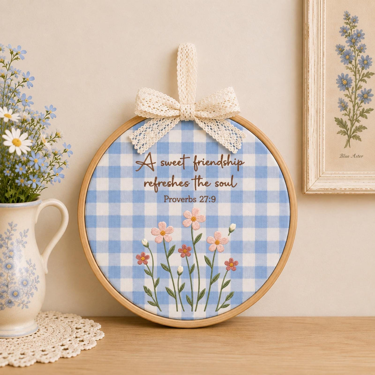 Personalized Friendship Embroidered Ornament, Proverbs 27:9 Bible Verse Gift, Christian Friend Keepsake, Wildflower Faith Decor
