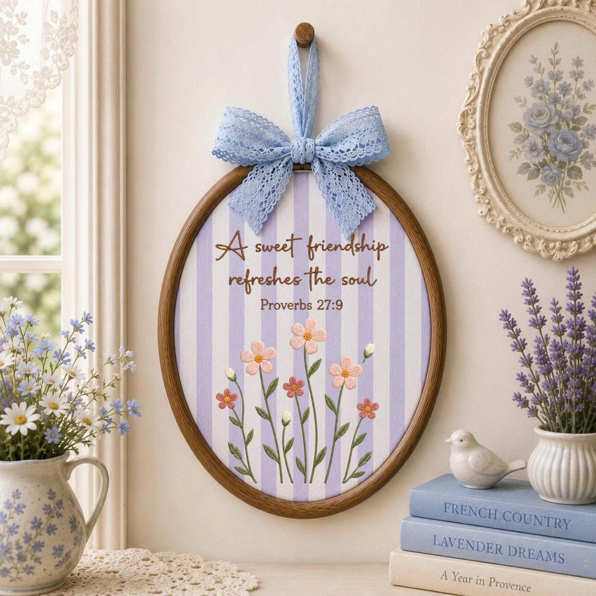 Personalized Friendship Embroidered Ornament, Proverbs 27:9 Bible Verse Gift, Christian Friend Keepsake, Wildflower Faith Decor