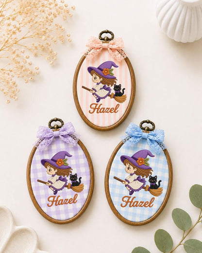 Personalized Witch Girl Embroidered Ornament, Custom Halloween Name Hoop, Cute Witch and Black Cat Decor, Halloween Gift for Girl
