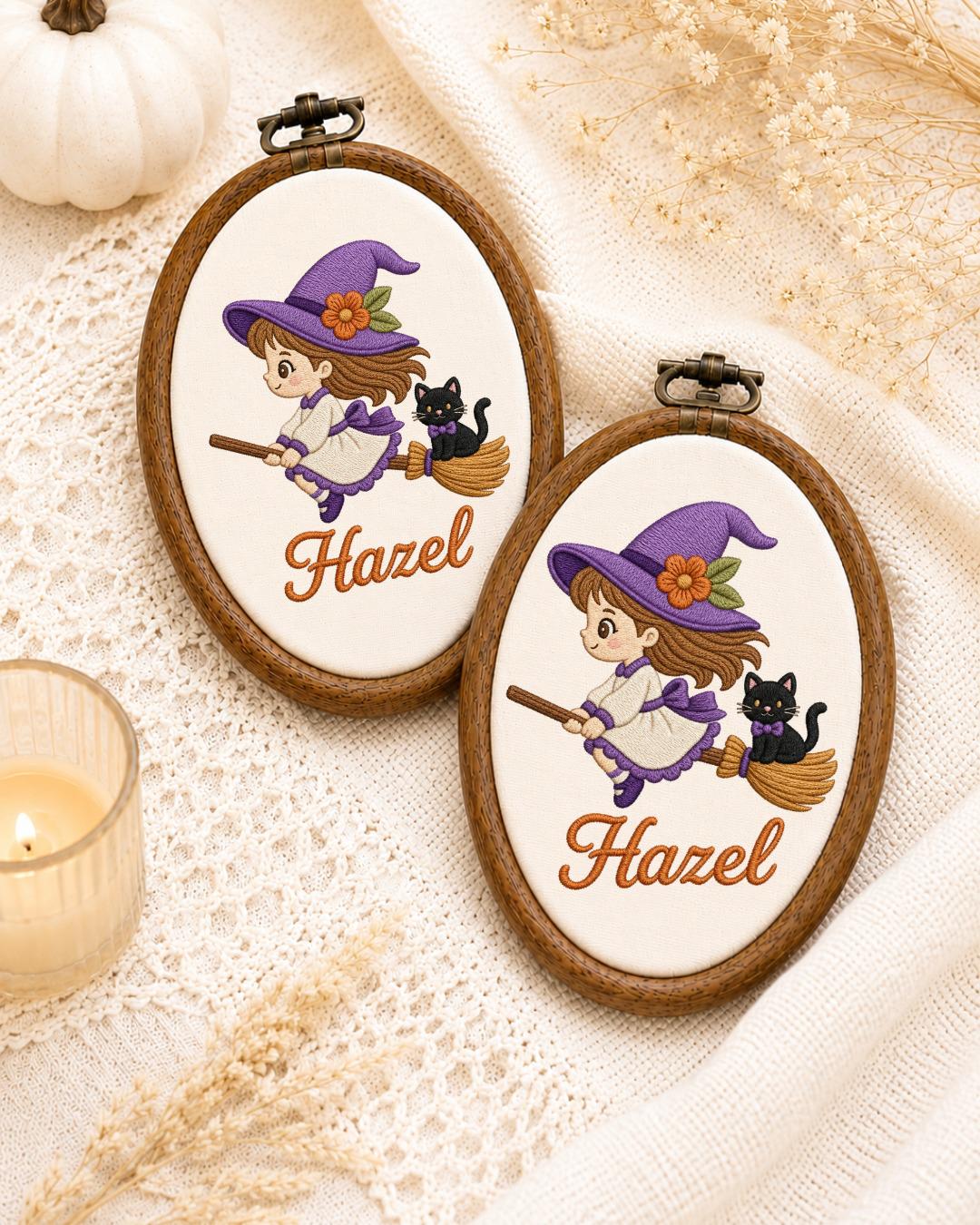 Personalized Witch Girl Embroidered Ornament, Custom Halloween Name Hoop, Cute Witch and Black Cat Decor, Halloween Gift for Girl