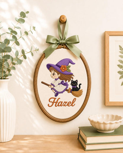 Personalized Witch Girl Embroidered Ornament, Custom Halloween Name Hoop, Cute Witch and Black Cat Decor, Halloween Gift for Girl