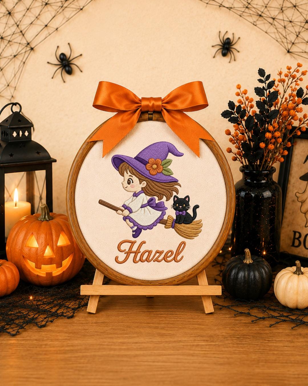 Personalized Witch Girl Embroidered Ornament, Custom Halloween Name Hoop, Cute Witch and Black Cat Decor, Halloween Gift for Girl