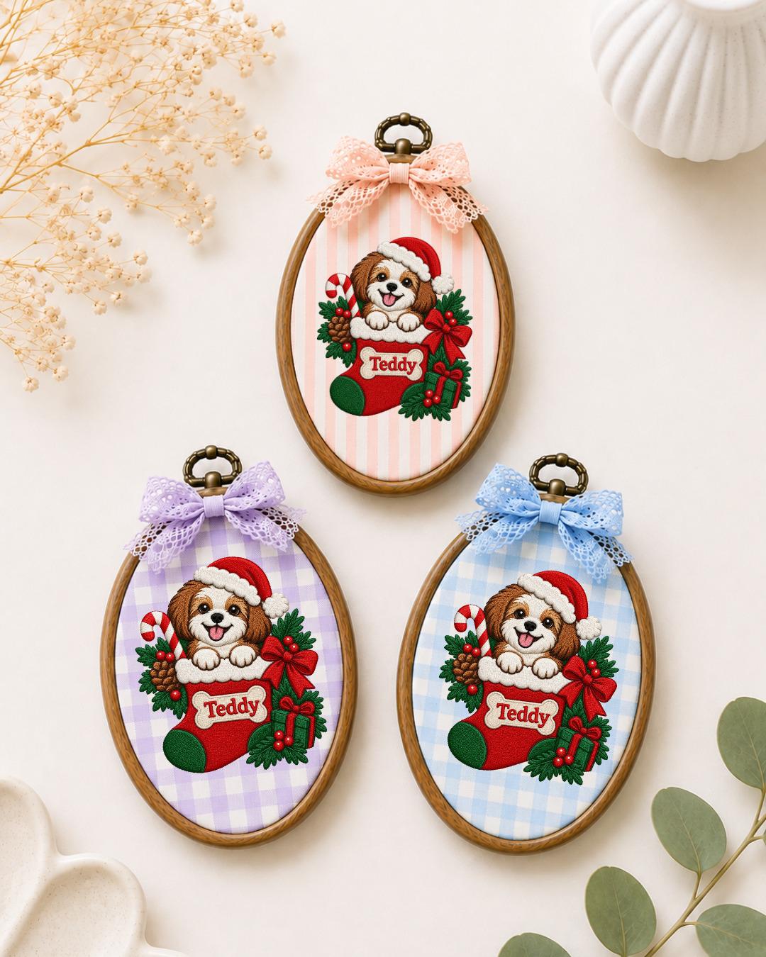 Personalized Christmas Dog Embroidered Ornament, Custom Pet Name Stocking Hoop, Dog Lover Christmas Gift, Holiday Pet Keepsake