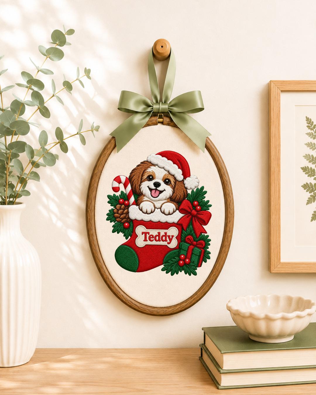 Personalized Christmas Dog Embroidered Ornament, Custom Pet Name Stocking Hoop, Dog Lover Christmas Gift, Holiday Pet Keepsake