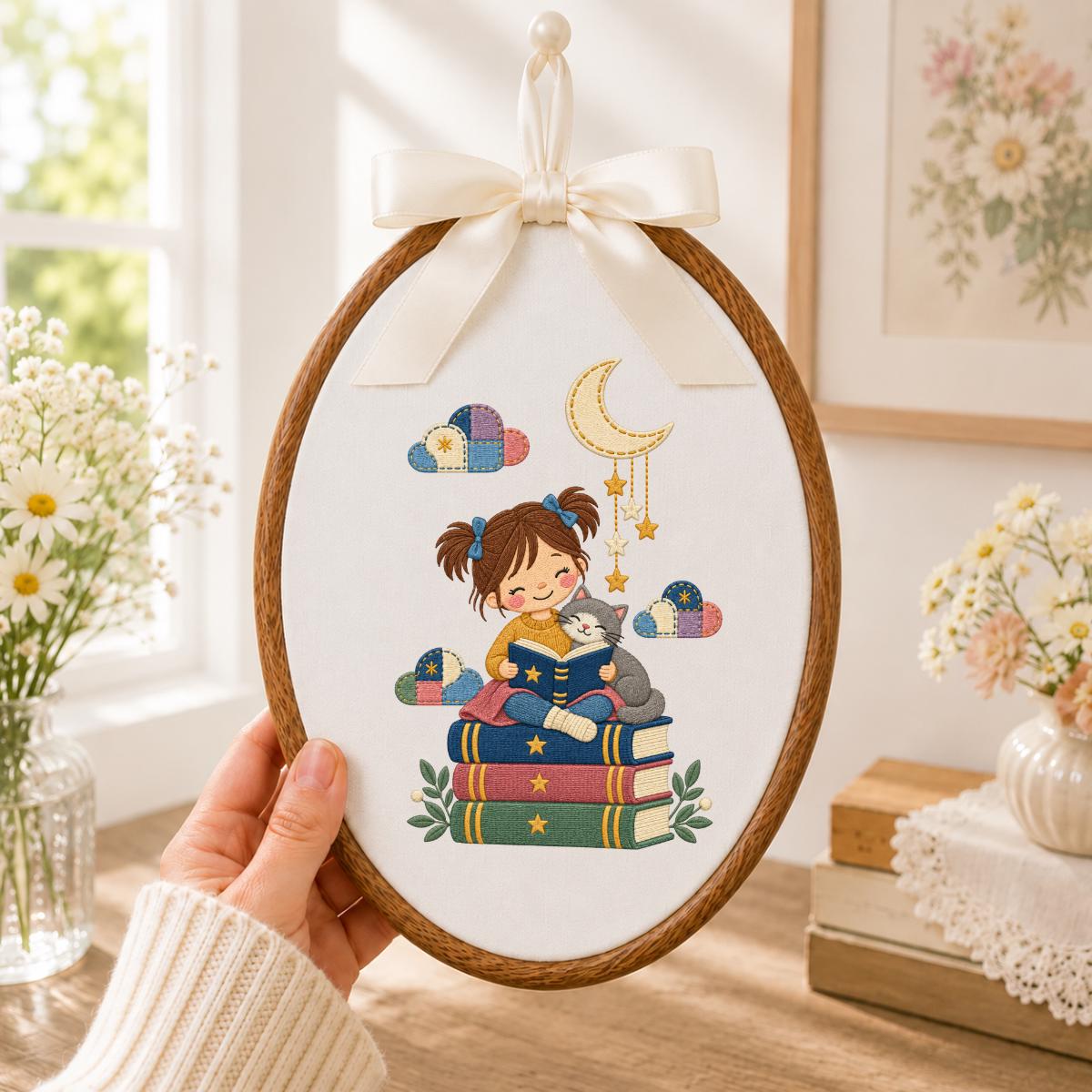 Embroidered Reading Girl Wall Hanging Oval Hoop Decor Book Lover Gift Cat Lover Nursery Room Art Lavender Bow Ornament