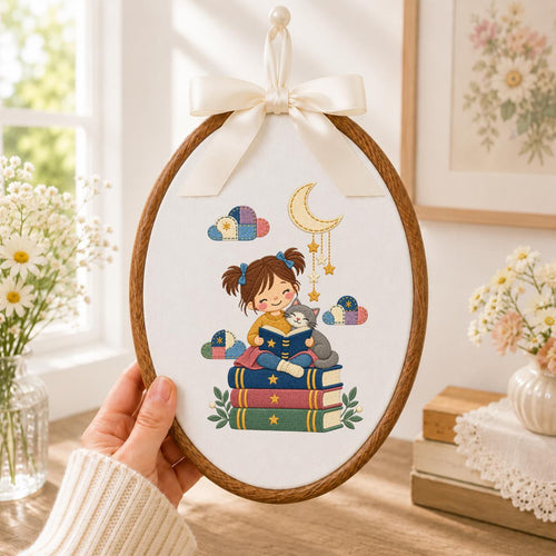 Embroidered Reading Girl Wall Hanging Oval Hoop Decor Book Lover Gift Cat Lover Nursery Room Art Lavender Bow Ornament