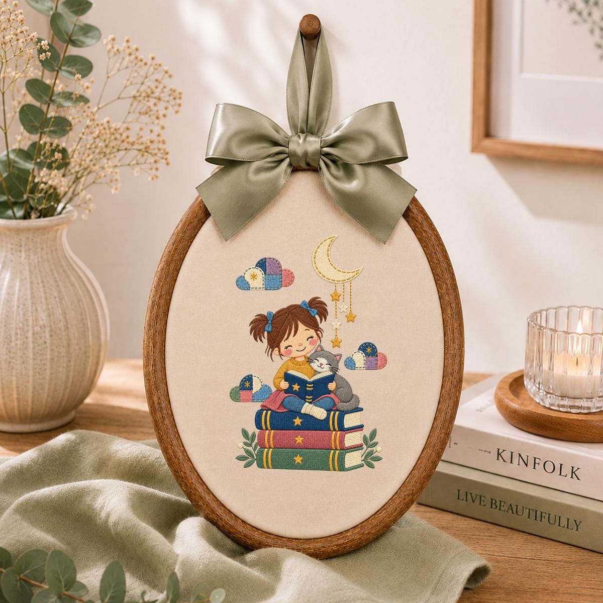 Embroidered Reading Girl Wall Hanging Oval Hoop Decor Book Lover Gift Cat Lover Nursery Room Art Lavender Bow Ornament