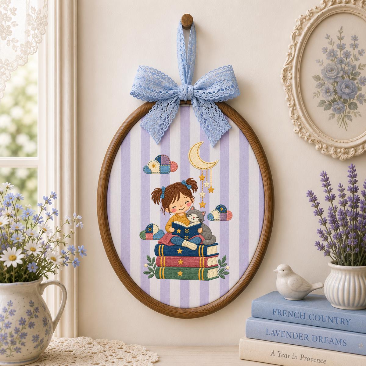 Embroidered Reading Girl Wall Hanging Oval Hoop Decor Book Lover Gift Cat Lover Nursery Room Art Lavender Bow Ornament