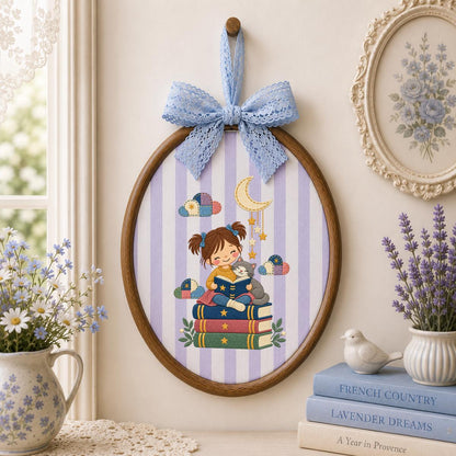Embroidered Reading Girl Wall Hanging Oval Hoop Decor Book Lover Gift Cat Lover Nursery Room Art Lavender Bow Ornament