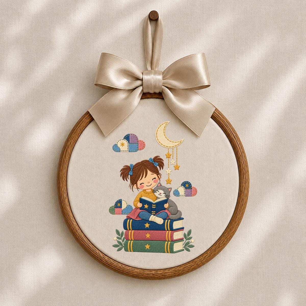 Embroidered Reading Girl Wall Hanging Oval Hoop Decor Book Lover Gift Cat Lover Nursery Room Art Lavender Bow Ornament