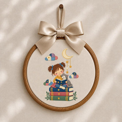 Embroidered Reading Girl Wall Hanging Oval Hoop Decor Book Lover Gift Cat Lover Nursery Room Art Lavender Bow Ornament