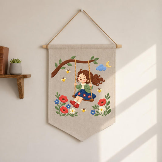 Embroidered Girl Swing Wall Hanging Floral Nursery Banner Garden Decor Handmade Baby Girl Room Gift