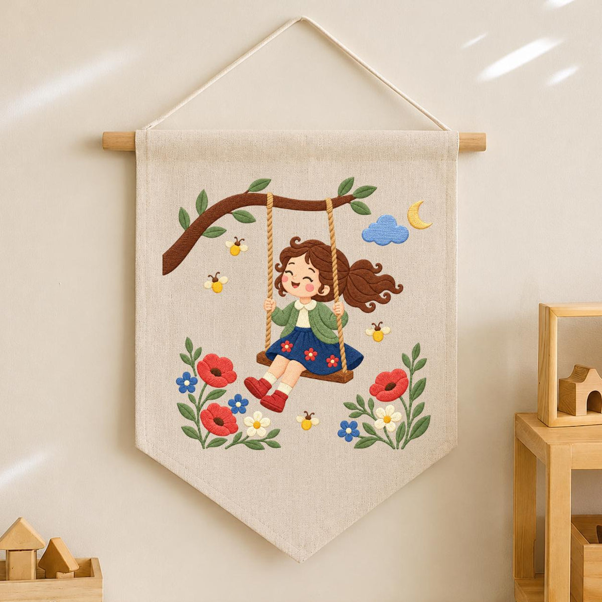 Embroidered Girl Swing Wall Hanging Floral Nursery Banner Garden Decor Handmade Baby Girl Room Gift
