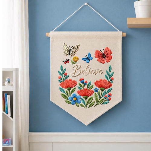Personalized Believe Floral Wall Hanging Banner Embroidered Butterfly Garden Decor Inspirational Quote Pennant Gift for Bedroom Nursery Home
