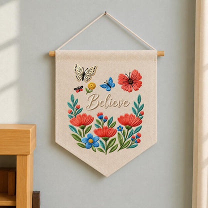 Personalized Believe Floral Wall Hanging Banner Embroidered Butterfly Garden Decor Inspirational Quote Pennant Gift for Bedroom Nursery Home