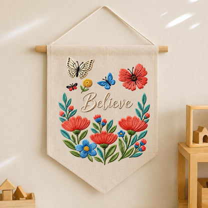 Personalized Believe Floral Wall Hanging Banner Embroidered Butterfly Garden Decor Inspirational Quote Pennant Gift for Bedroom Nursery Home