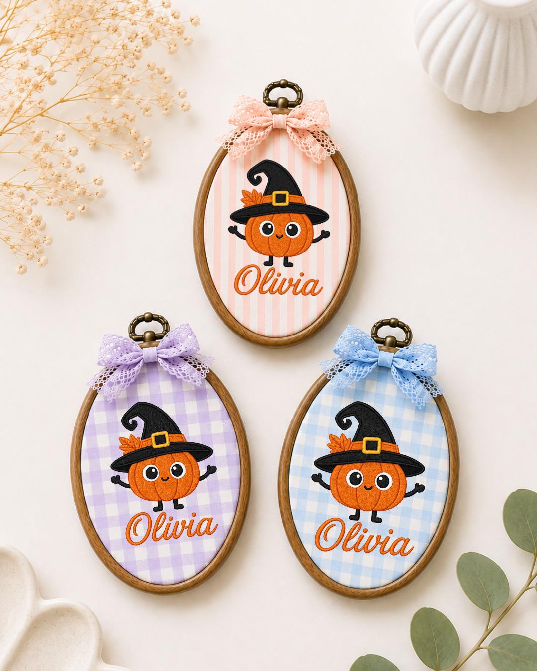 Personalized Pumpkin Witch Embroidered Ornament, Custom Halloween Name Hoop, Cute Pumpkin Decor, Halloween Gift for Kids, Fall Keepsake