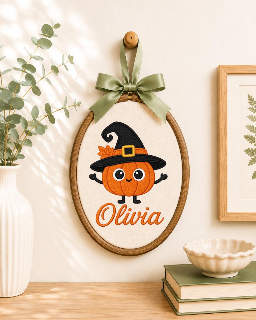 Personalized Pumpkin Witch Embroidered Ornament, Custom Halloween Name Hoop, Cute Pumpkin Decor, Halloween Gift for Kids, Fall Keepsake