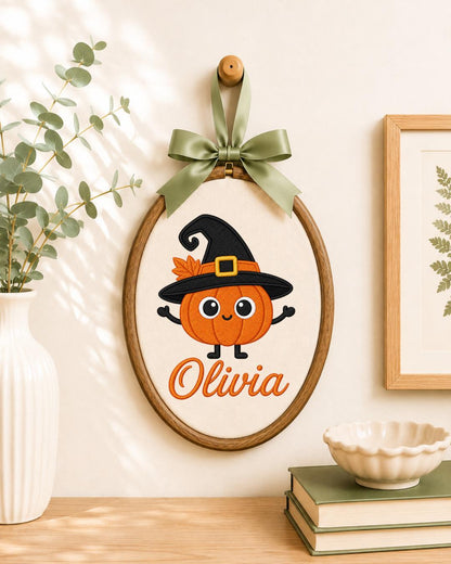 Personalized Pumpkin Witch Embroidered Ornament, Custom Halloween Name Hoop, Cute Pumpkin Decor, Halloween Gift for Kids, Fall Keepsake