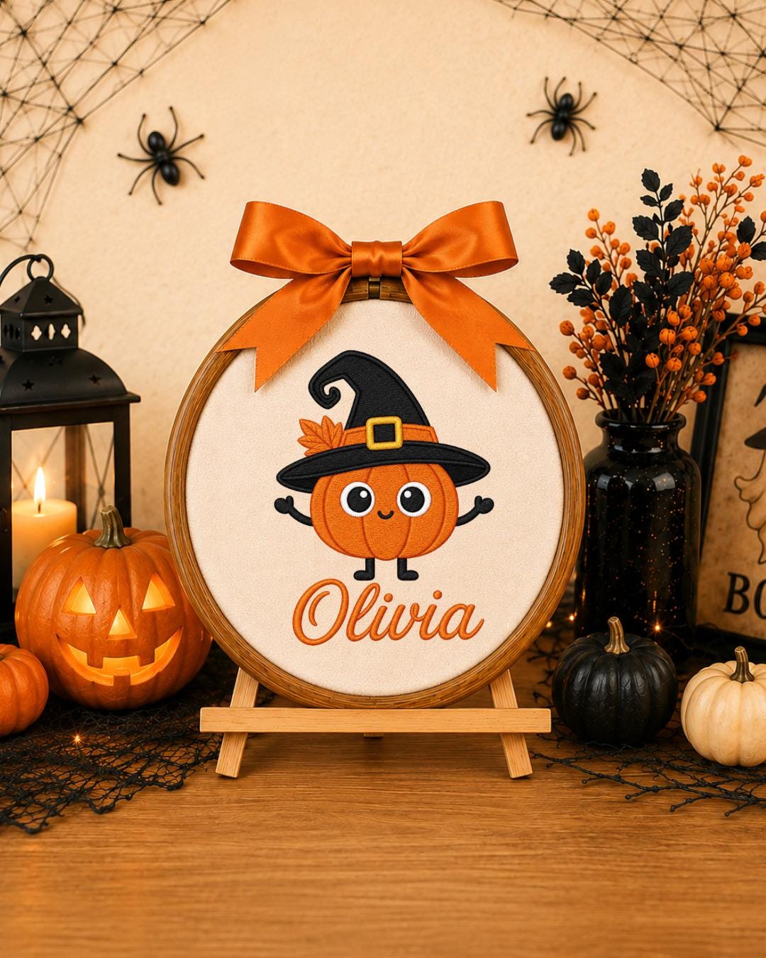 Personalized Pumpkin Witch Embroidered Ornament, Custom Halloween Name Hoop, Cute Pumpkin Decor, Halloween Gift for Kids, Fall Keepsake