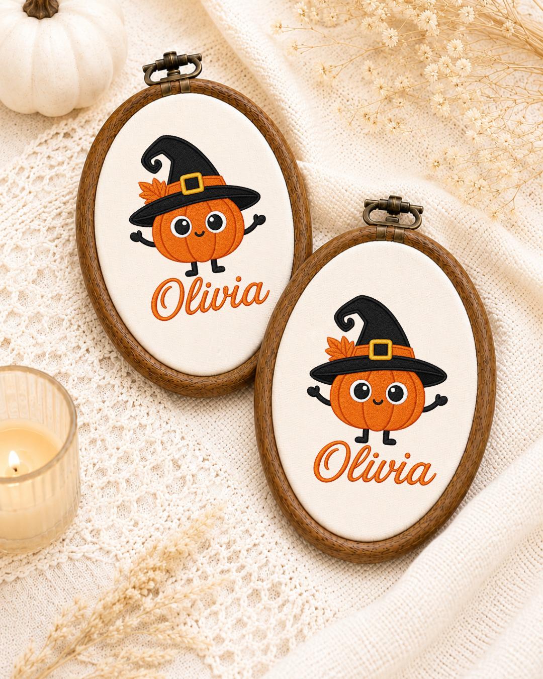 Personalized Pumpkin Witch Embroidered Ornament, Custom Halloween Name Hoop, Cute Pumpkin Decor, Halloween Gift for Kids, Fall Keepsake