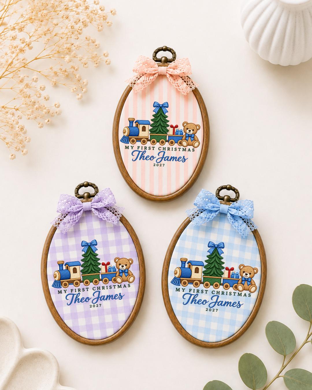 Personalized Baby First Christmas Embroidered Ornament, Custom Name Christmas Train Hoop, Teddy Bear Holiday Keepsake, Baby Boy Gift