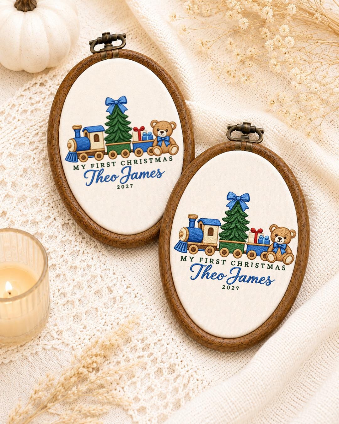 Personalized Baby First Christmas Embroidered Ornament, Custom Name Christmas Train Hoop, Teddy Bear Holiday Keepsake, Baby Boy Gift