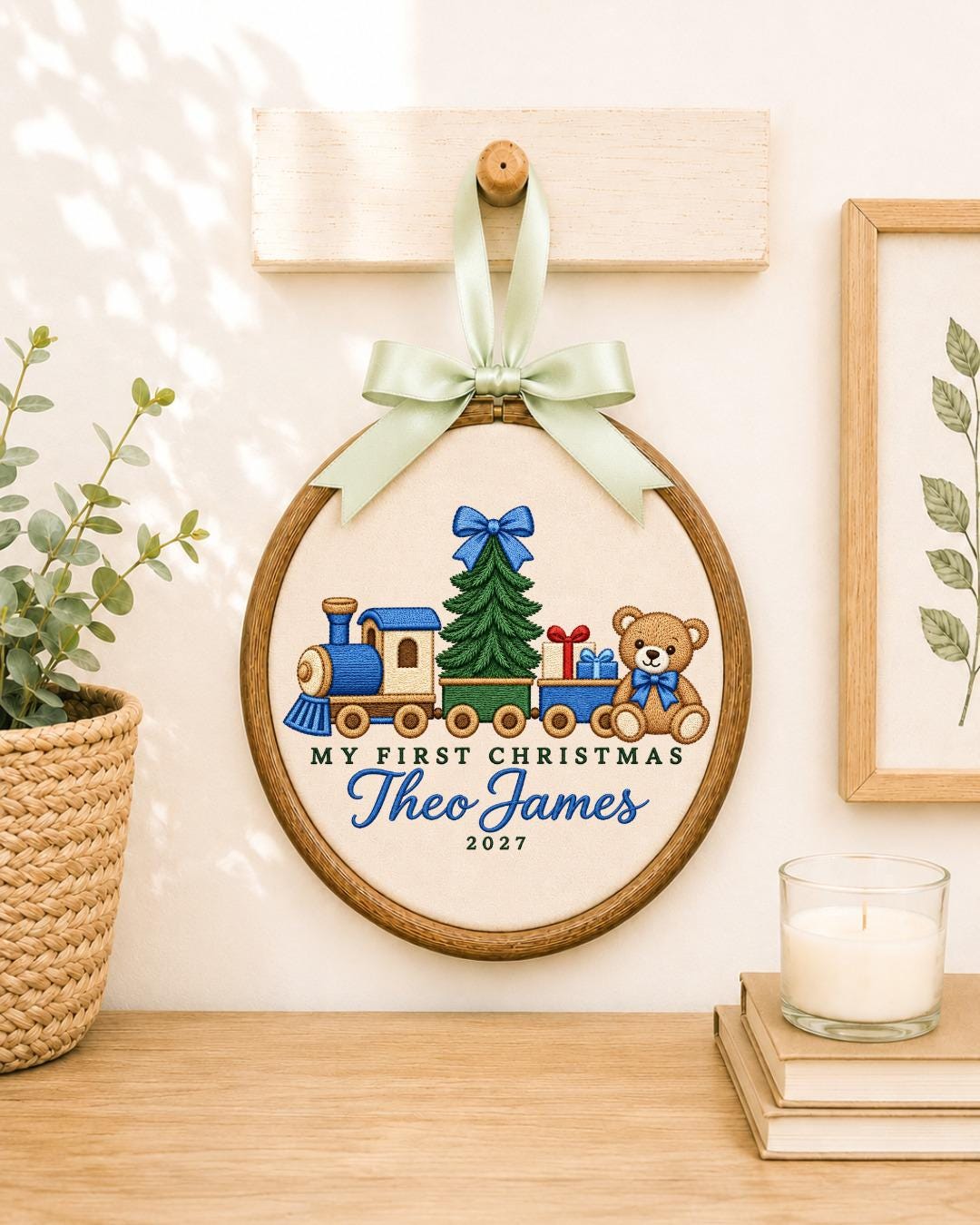Personalized Baby First Christmas Embroidered Ornament, Custom Name Christmas Train Hoop, Teddy Bear Holiday Keepsake, Baby Boy Gift