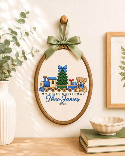 Personalized Baby First Christmas Embroidered Ornament, Custom Name Christmas Train Hoop, Teddy Bear Holiday Keepsake, Baby Boy Gift