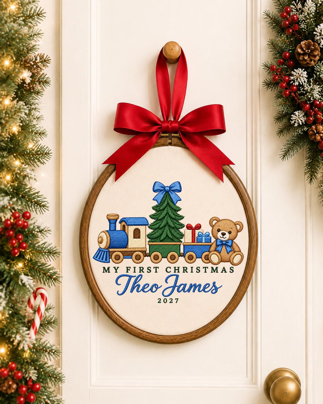 Personalized Baby First Christmas Embroidered Ornament, Custom Name Christmas Train Hoop, Teddy Bear Holiday Keepsake, Baby Boy Gift