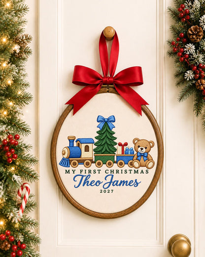 Personalized Baby First Christmas Embroidered Ornament, Custom Name Christmas Train Hoop, Teddy Bear Holiday Keepsake, Baby Boy Gift