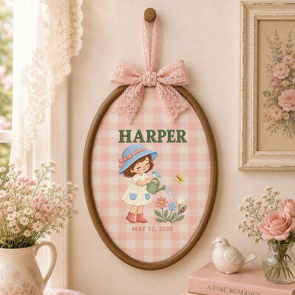 Personalized Harper Girl Gardening Wall Hanging Embroidered Oval Hoop Decor Watering Flowers Nursery Room Gift Butterfly Garden Keepsake