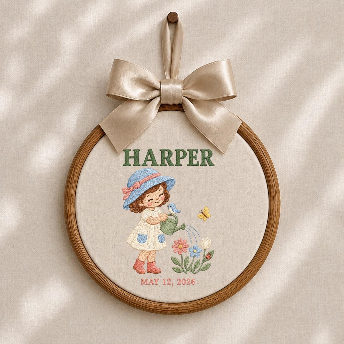 Personalized Harper Girl Gardening Wall Hanging Embroidered Oval Hoop Decor Watering Flowers Nursery Room Gift Butterfly Garden Keepsake