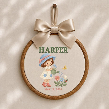 Personalized Harper Girl Gardening Wall Hanging Embroidered Oval Hoop Decor Watering Flowers Nursery Room Gift Butterfly Garden Keepsake