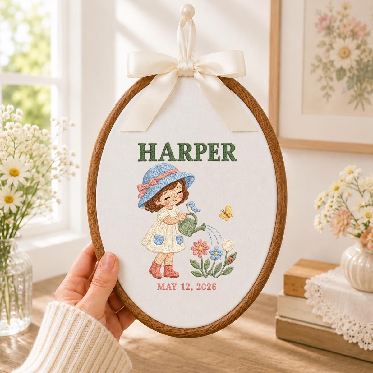 Personalized Harper Girl Gardening Wall Hanging Embroidered Oval Hoop Decor Watering Flowers Nursery Room Gift Butterfly Garden Keepsake