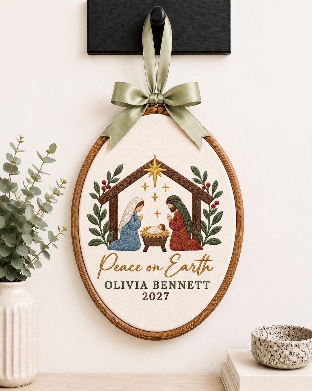 Personalized Nativity Christmas Embroidered Ornament, Custom Name Peace on Earth Decor, Religious Christmas Gift, Christian Keepsake