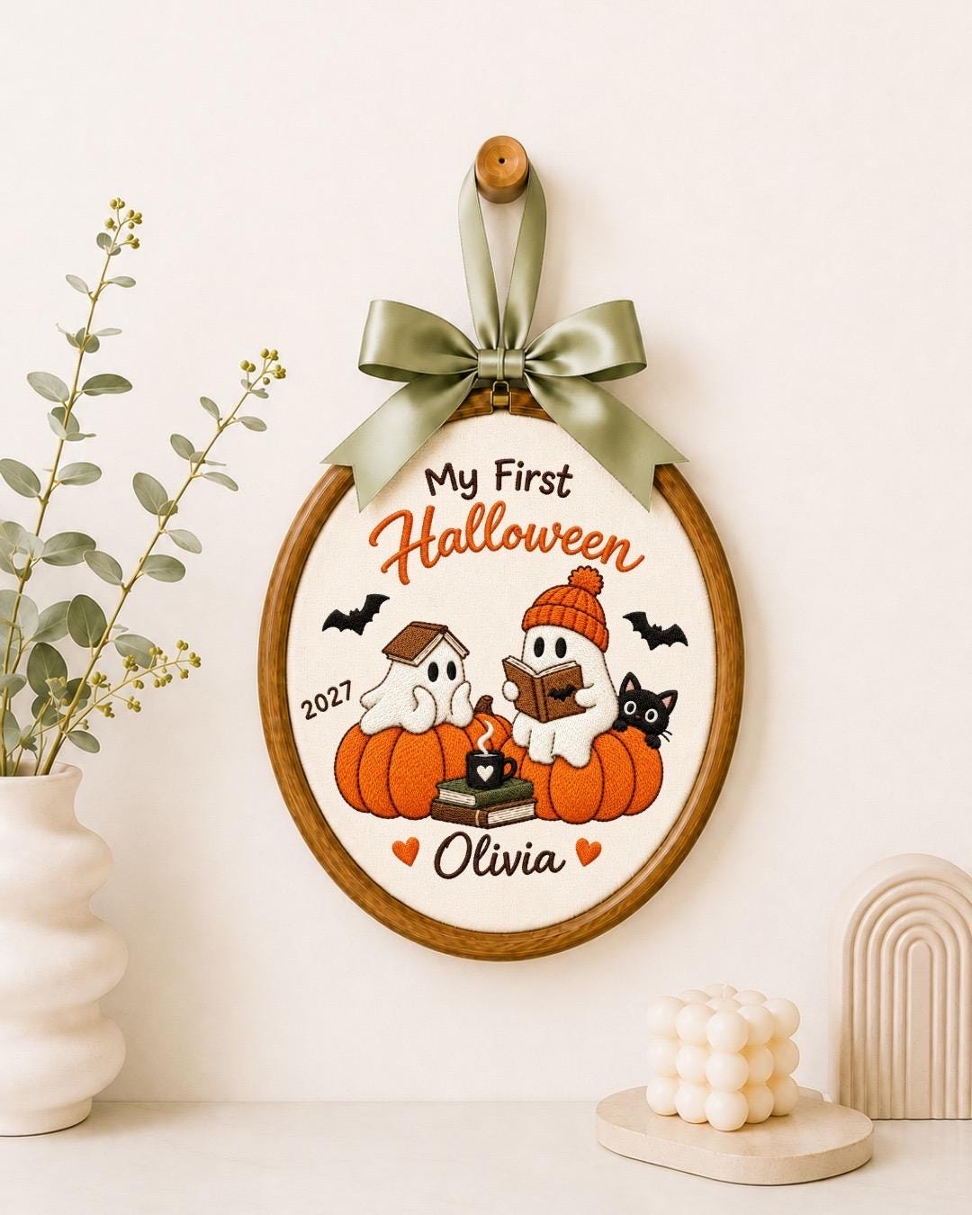 Personalized First Halloween Embroidered Ornament, Baby First Halloween Decor, Custom Name Ghost Pumpkin Keepsake, Halloween Gift 2027