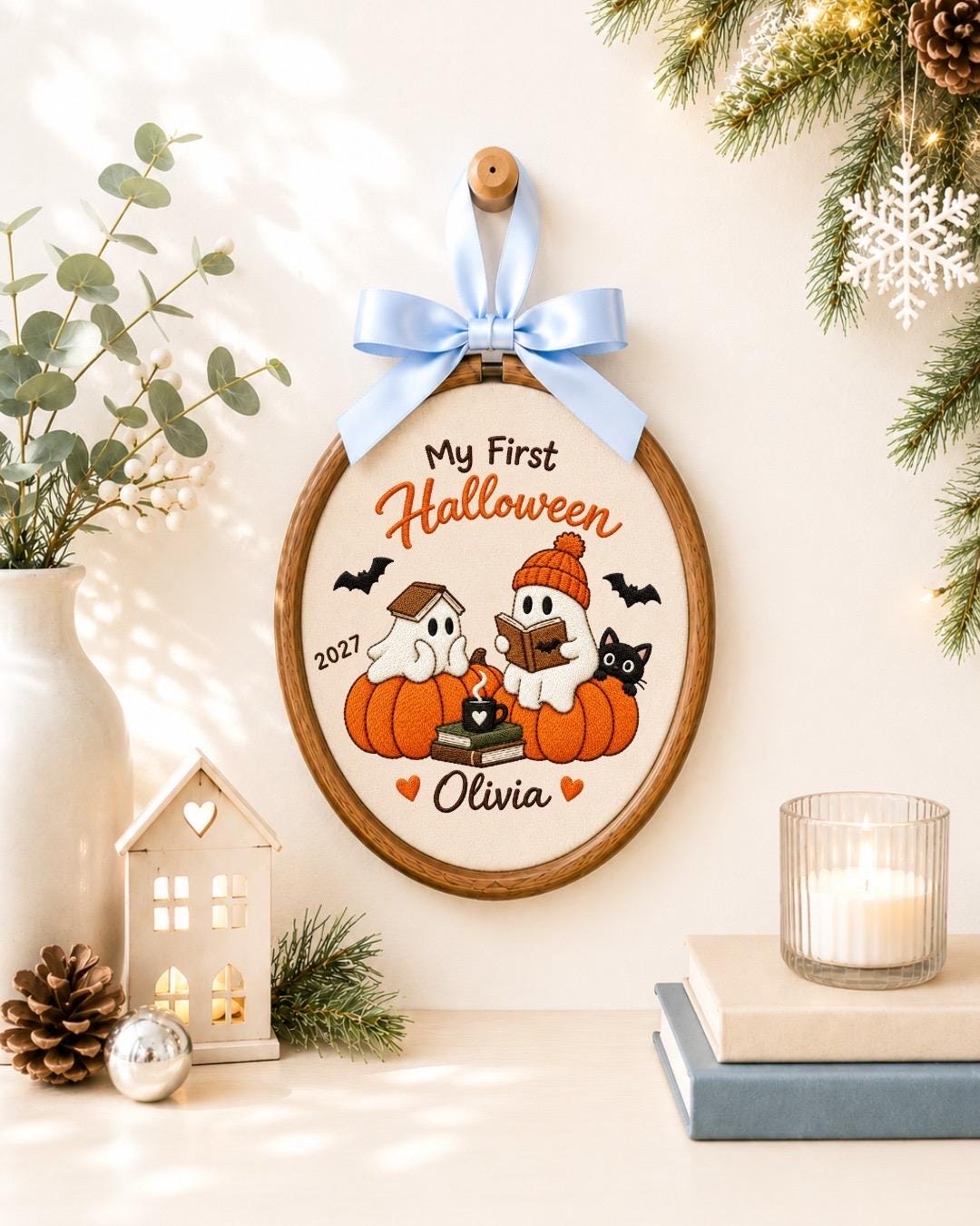 Personalized First Halloween Embroidered Ornament, Baby First Halloween Decor, Custom Name Ghost Pumpkin Keepsake, Halloween Gift 2027