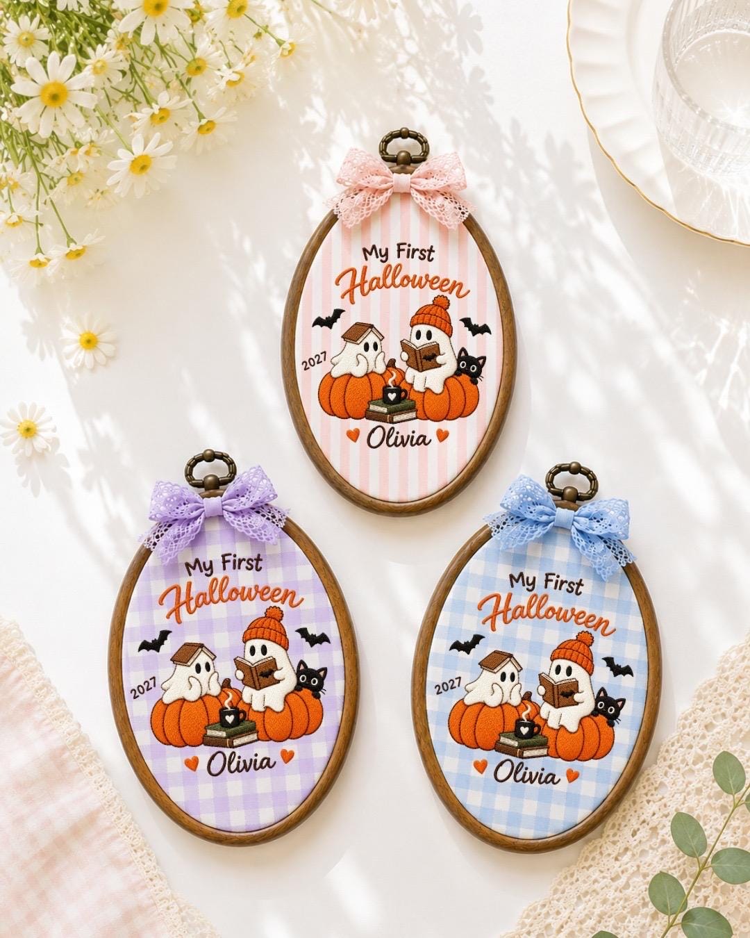 Personalized First Halloween Embroidered Ornament, Baby First Halloween Decor, Custom Name Ghost Pumpkin Keepsake, Halloween Gift 2027
