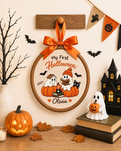 Personalized First Halloween Embroidered Ornament, Baby First Halloween Decor, Custom Name Ghost Pumpkin Keepsake, Halloween Gift 2027