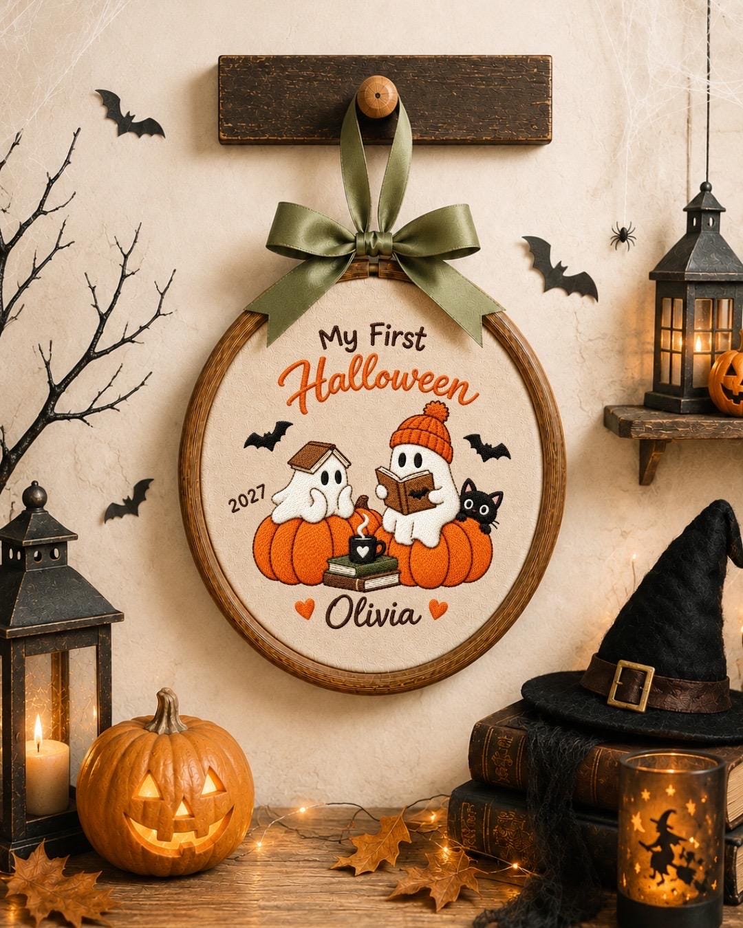 Personalized First Halloween Embroidered Ornament, Baby First Halloween Decor, Custom Name Ghost Pumpkin Keepsake, Halloween Gift 2027