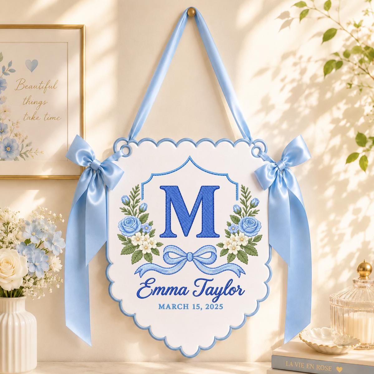 Personalized Name Banner Emma Taylor Floral Wall Decor Blue Rose Embroidery Initial M Bow Ornament Custom Wedding Anniversary Gift