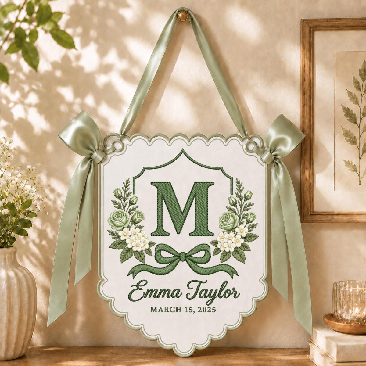 Personalized Name Banner Emma Taylor Floral Wall Decor Blue Rose Embroidery Initial M Bow Ornament Custom Wedding Anniversary Gift