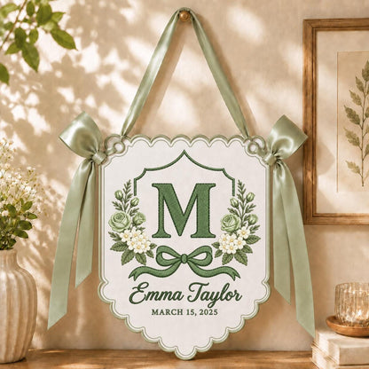 Personalized Name Banner Emma Taylor Floral Wall Decor Blue Rose Embroidery Initial M Bow Ornament Custom Wedding Anniversary Gift