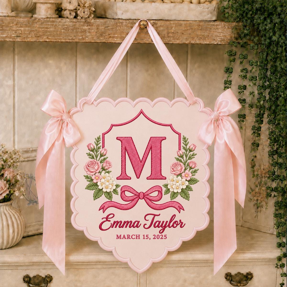 Personalized Name Banner Emma Taylor Floral Wall Decor Blue Rose Embroidery Initial M Bow Ornament Custom Wedding Anniversary Gift