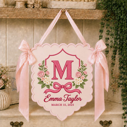 Personalized Name Banner Emma Taylor Floral Wall Decor Blue Rose Embroidery Initial M Bow Ornament Custom Wedding Anniversary Gift