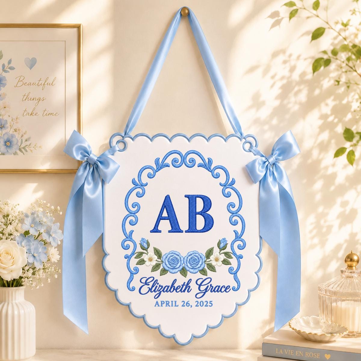 Personalized Monogram Banner Elizabeth Grace Name Wall Hanging Pink Rose Decor Custom Initial AB Scalloped Bow Wedding Keepsake Gift