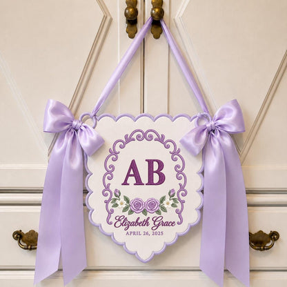 Personalized Monogram Banner Elizabeth Grace Name Wall Hanging Pink Rose Decor Custom Initial AB Scalloped Bow Wedding Keepsake Gift