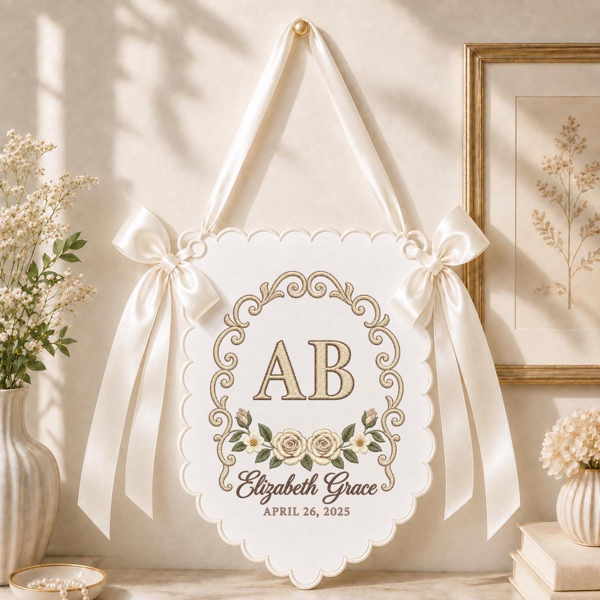 Personalized Monogram Banner Elizabeth Grace Name Wall Hanging Pink Rose Decor Custom Initial AB Scalloped Bow Wedding Keepsake Gift